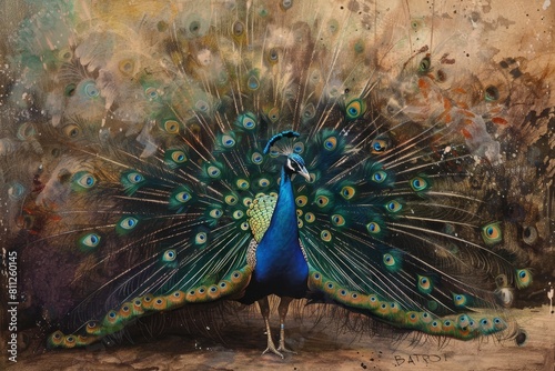 A peacock proudly showcases its vibrant feathers spread out in a spectacular fan, A magnificent peacock fanning out its feathers