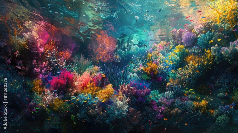 Abstract expressionist rendering of a coral reef, splashes of vibrant colors to signify marine life, textured layers, bold brushwork, luminous, underwater lighting realistic