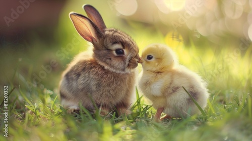 Cute rabbit with baby chicken on outdoor lawn.