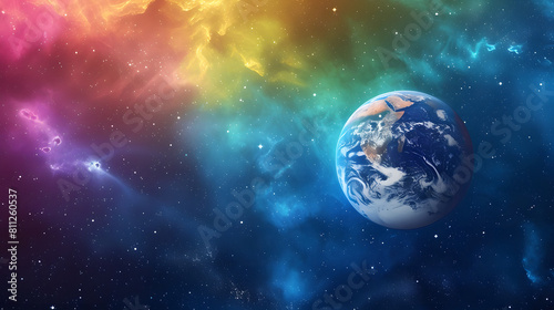 abstract colorful space and planet on dark background with copy space