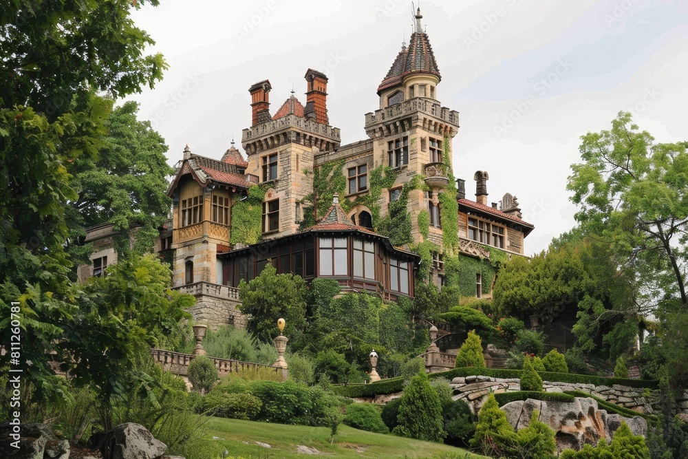 Obraz premium A large building with many windows sits atop a hill, commanding attention with its impressive design, A majestic castle perched on a hilltop, surrounded by lush gardens