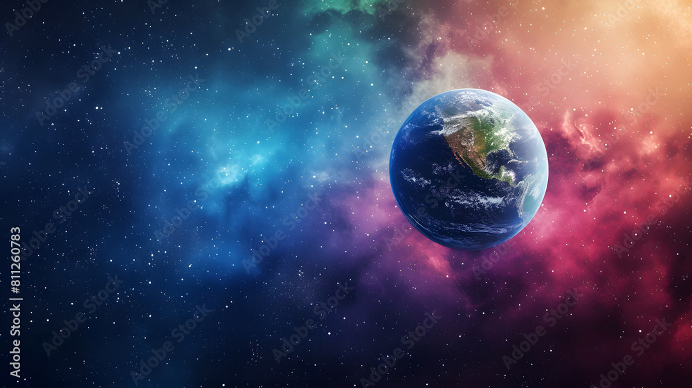 Obraz premium Colorful abstract space and planet against a dark backdrop, with ample copy space