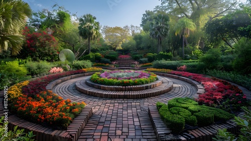 Botanical Garden Scene With Carefully Manicured Plants And Flowers Arranged In Symmetrical Patterns And Geometric Shapes