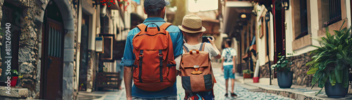 A father and his young son, both with backpacks and cameras, exploring a quaint cobblestone street in a historic town.