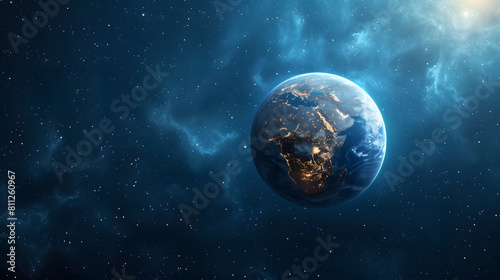 Dark backdrop hosts abstract space art with a planet  leaving space for additional content