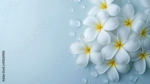 White Frangipani Plumeria flower close up photo background with empty copy space for text 