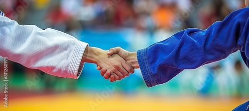 Judo mastery  close up of judoka s hands gripping opponent s gi, showcasing control and technique photo