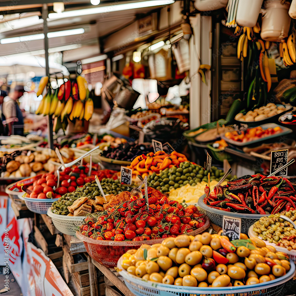 Vibrant display of fresh fruits and vegetables at a bustling outdoor market, featuring a variety of healthy options.