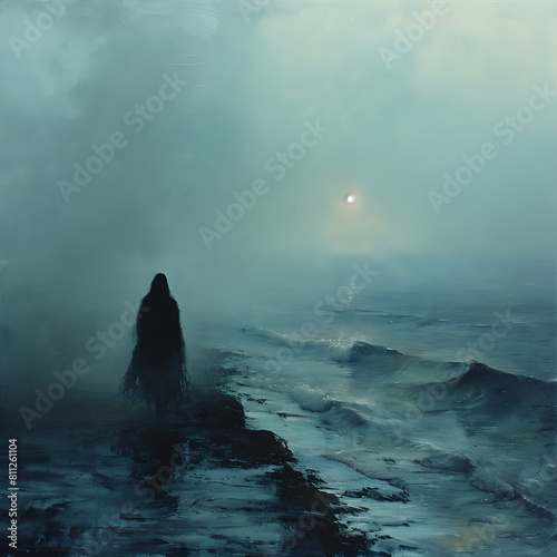 a solitary figure standing on a rugged coastline, enveloped in a serene yet eerie mist
