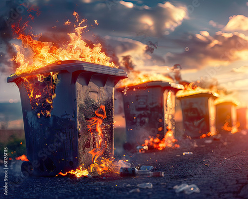 Trash bins burning fiercely on the outskirts of a city during sunset, highlighting issues of waste management and safety.