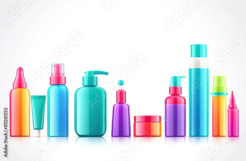 Sleek cosmetic bottles in vibrant hues present a modern skincare lineup