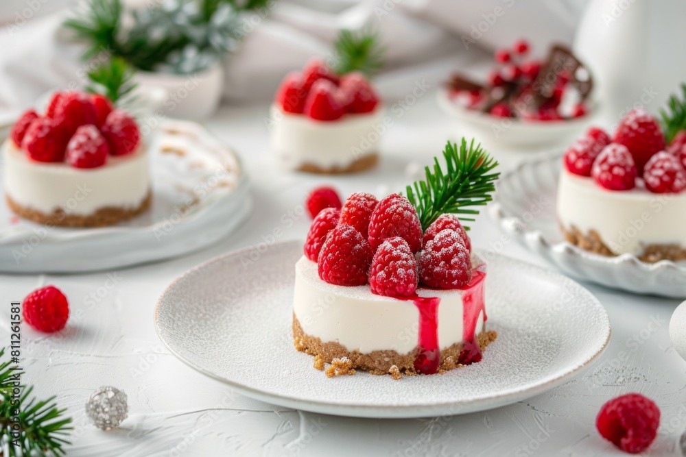 Food Mini cheesecake with raspberries on white plate