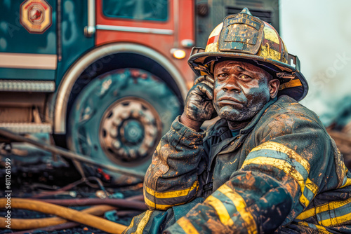 A sad tired firefighter is sitting on the ground after fight with fire. He is wearing a dirty uniform and he is in a state of distress.
