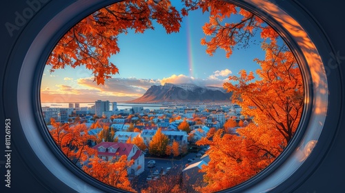 Stunning Aerial View of Reykjavik in Autumn Featuring Vibrant Trees and a Brilliant Rainbow