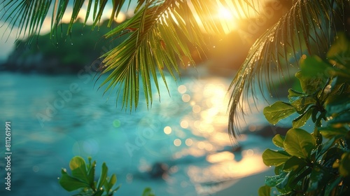 Tropical Paradise Sunset with Sun Flares Through Elegant Palm Leaves © AS Photo Family