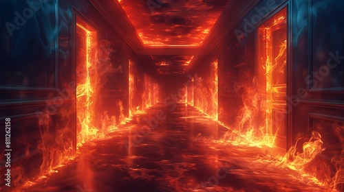 Dramatic Flames Engulf a Corridor in Residential Building: A Striking Visual for Suspense and Danger © AS Photo Family