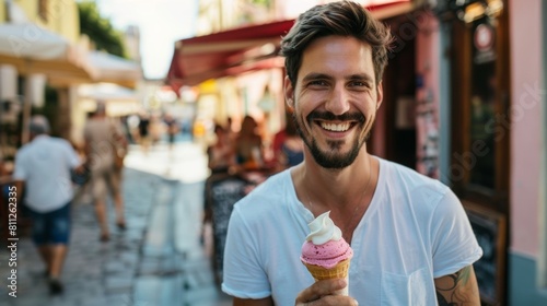 Smiling female holding an ice cream in travel street