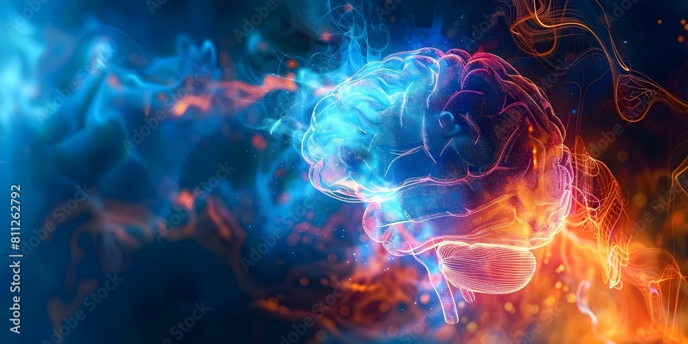 Illuminated Brain: A Vibrant Artwork Symbolizing Active Cognitive Processes. Concept Brain Art, Vibrant Colors, Cognitive Processes, Illumination, Symbolism