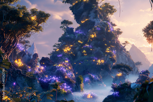 Magical landscapes comes to life  with glowing plants and whimsical creatures