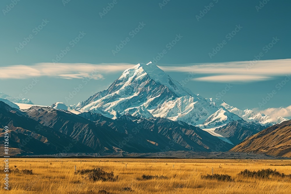 Fototapeta premium A majestic snowcapped mountain range in the distance under a clear blue sky, A majestic snow-capped mountain rising in the distance