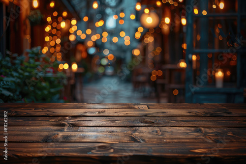 Wooden table and light decorations. Created with Ai