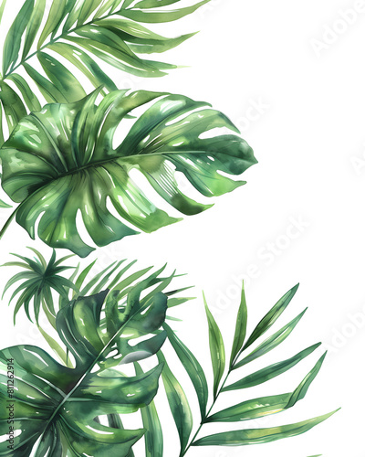 Watercolor tropical leaves and jungle plants isolated on white background