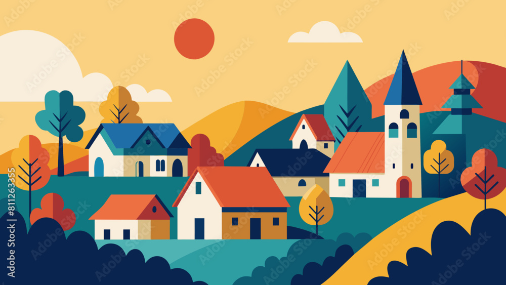 Idyllic Countryside Village Landscape at Sunset Illustration