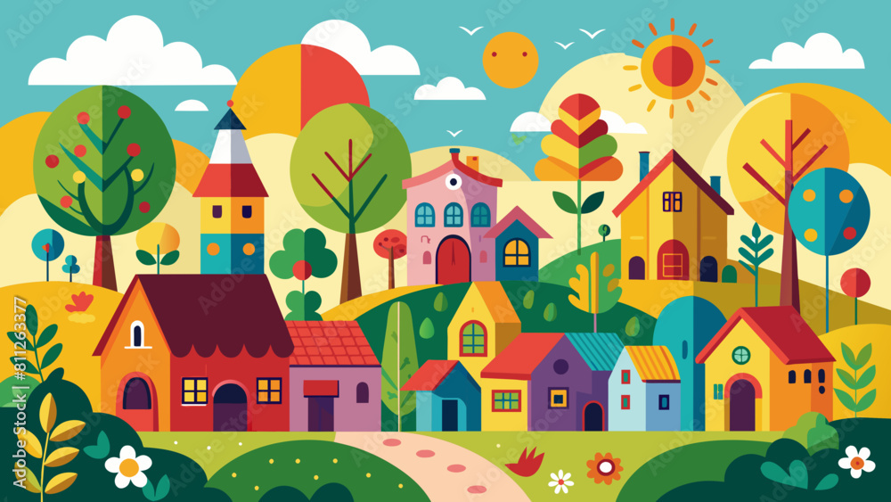 Colorful Illustration of Whimsical Village Landscape at Sunset