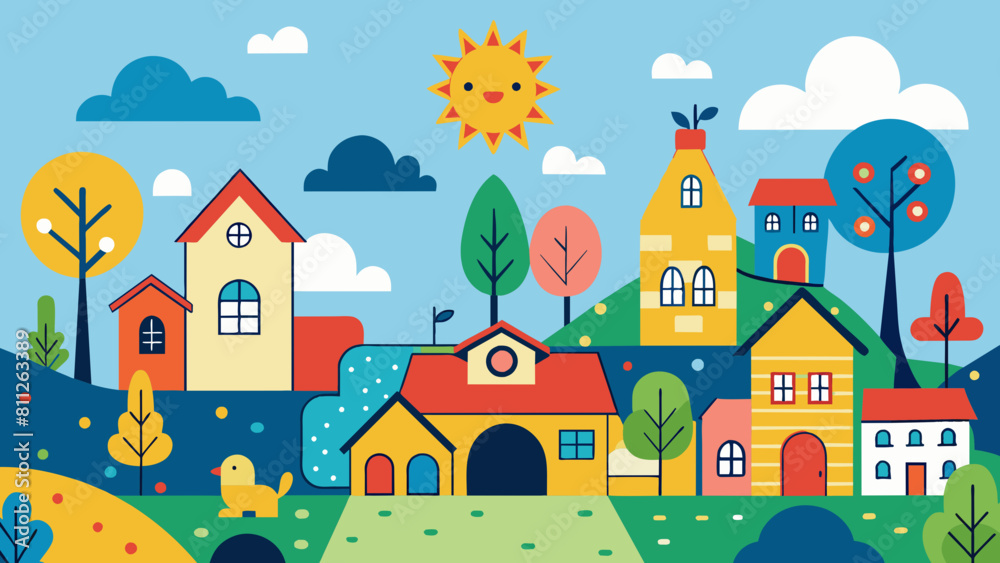 Colorful Cartoon Village Landscape with Cute Houses and Cheerful Nature Colorful Cartoon Village Landscape with Cute Houses and Cheerful Nature