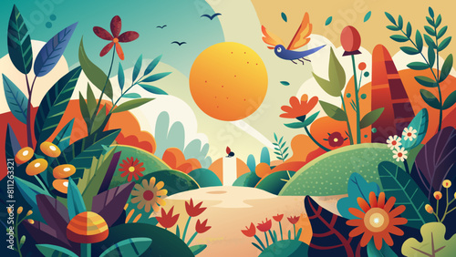 Vibrant Sunset Landscape with Lush Flora and Fauna Illustration