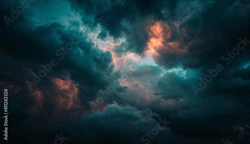 Dark, clouds and outdoor for storm, environment or background texture for climate change in sky. Gas, overcast and nature on abstract backdrop at night for greenhouse smoke, air or hurricane weather © Peopleimages - AI