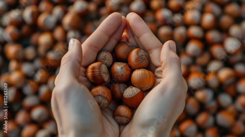 A handful of hazelnuts in hands against the background of a pile of hazelnuts
