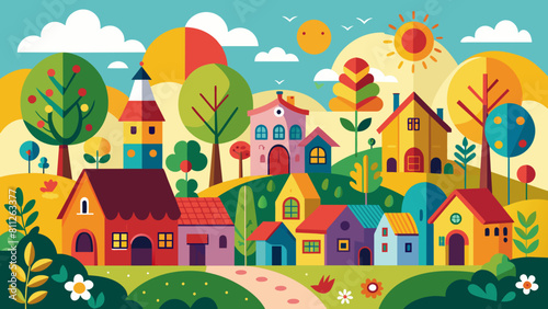 Colorful Illustration of Whimsical Village Landscape at Sunset