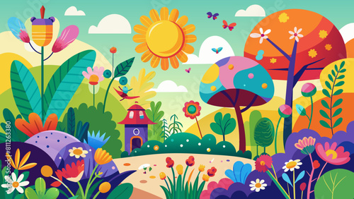 Vibrant Fantasy Landscape with Whimsical Flora and Fauna Illustration