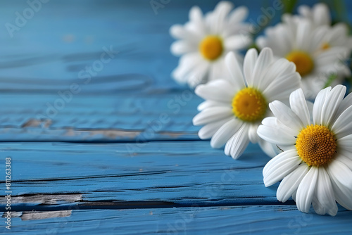 Daisy on wooden background with copy space.. Blue shabby wooden background with daisies for mockup, card, banner. Chamomiles on plank surface, top view, flat lay. photo