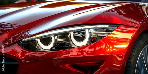 Closeup of modern luxury sports car headlight with red paint reflection. Concept Luxury Car, Close-up Shot, Headlight Details, Red Paint Reflection © Ян Заболотний