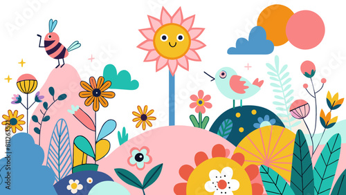 Whimsical Fantasy Landscape with Cartoon Sun and Cute Animals