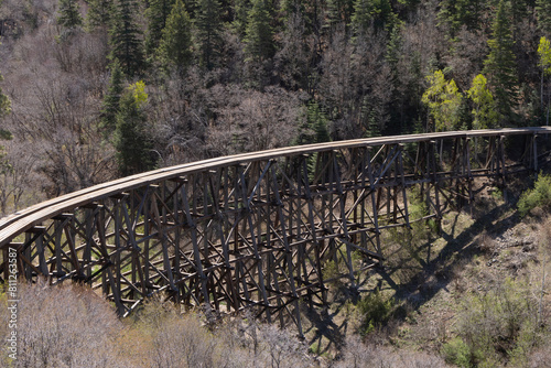 A scenic view of the historic wooden Mexican Canyon Trestle in Cloudcroft, New Mexico.