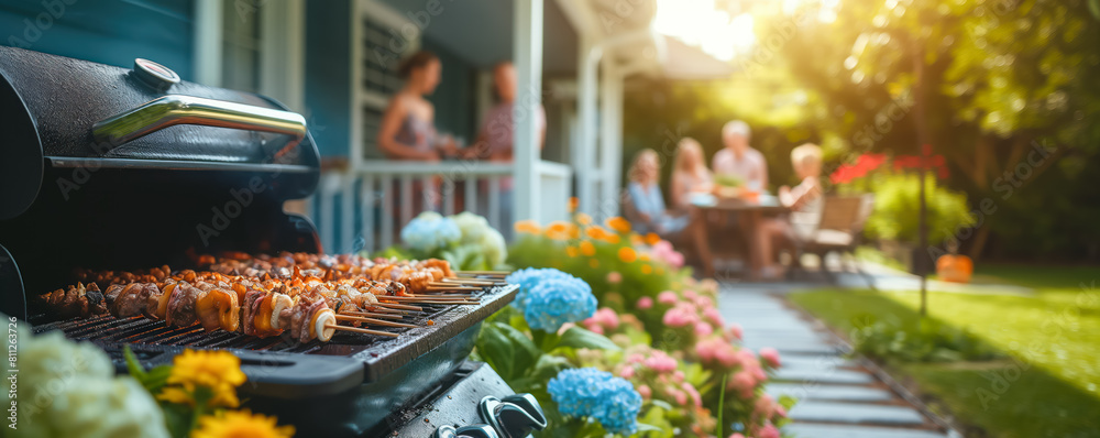 Happy group of friends making barbeque in the garden. Close up to bar-b-q. Happy group of friends making barbeque in the garden. Close up to bar-b-q.