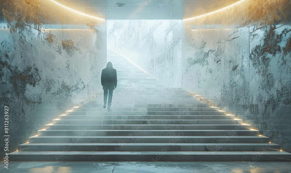 Man Ascending Mystic Staircase to Bright Light, Conceptual Journey Toward Discovery, Illuminated Steps in a Surreal Setting