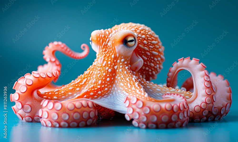 Obraz premium Vibrant Pink Octopus Displayed Against a Striking Blue Studio Background, Highlighting Unique Marine Life and Artistic Presentation