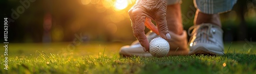 Senior playing golf teeing up golf ball on green grass