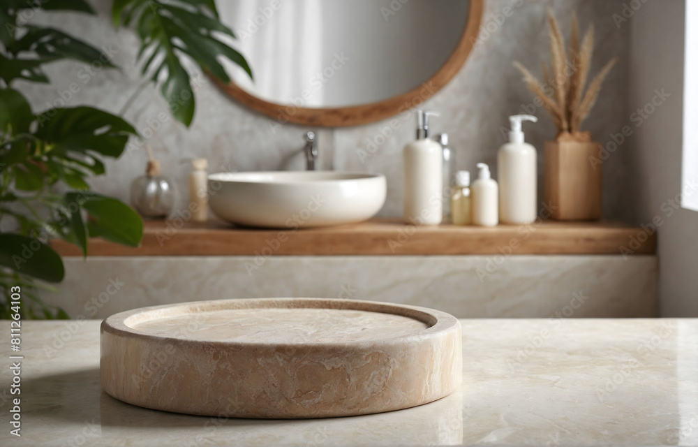 empty round podium on blurred sustainable bathroom interior background with plants and towels. Scene stage showcase for beauty and spa products, cosmetics, promotion sale or advertising empty round podium on blurred sustainable bathroom interior background with plants and towels. Scene stage showcase for beauty and spa products, cosmetics, promotion sale or advertising