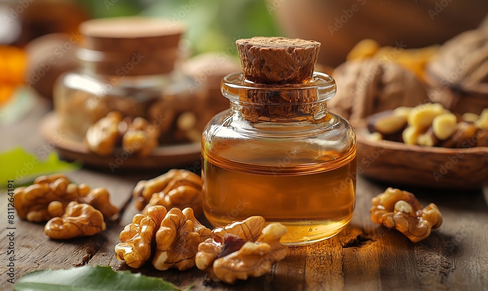 Walnut Oil and Whole Walnuts on Table. Walnut Oil and Whole Walnuts on Table.