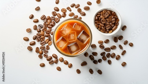 Eiskaffee mit Eisw  rfel und Kaffeebohnen.