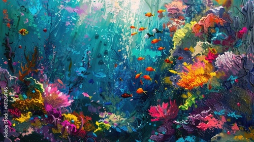 Abstract expressionist rendering of a coral reef, splashes of vibrant colors to signify marine life, textured layers, bold brushwork, luminous, underwater lighting realistic © Nabeel