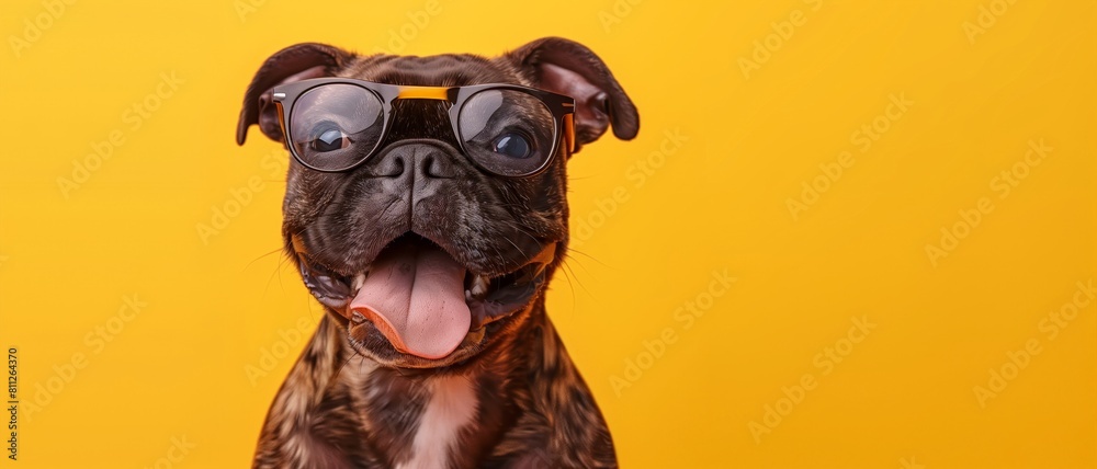 Cheerful pug dog wearing eyeglasses, tongue out in excitement against a vibrant yellow background. Cheerful pug dog wearing eyeglasses, tongue out in excitement against a vibrant yellow background.