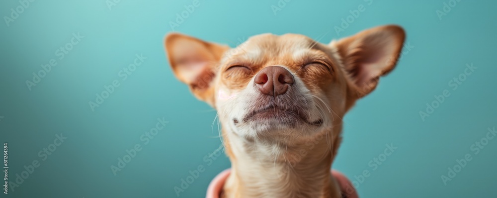 Calm Chihuahua with closed eyes, meditating peacefully on a soft turquoise background, embodying tranquility. Calm Chihuahua with closed eyes, meditating peacefully on a soft turquoise background, embodying tranquility.