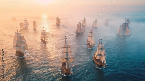 Aerial view of sailing ship in sea water.
