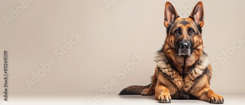 A noble German Shepherd lies down alertly on a neutral background, showing a protective and calm demeanor. photo